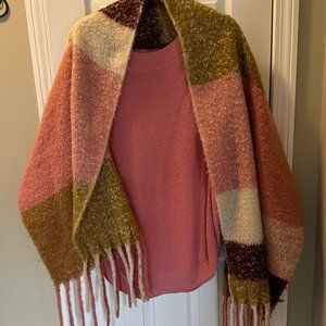 Express Buffalo Plaid Brushed Checkered Fringe Blanket Scarf • Color “Wine”